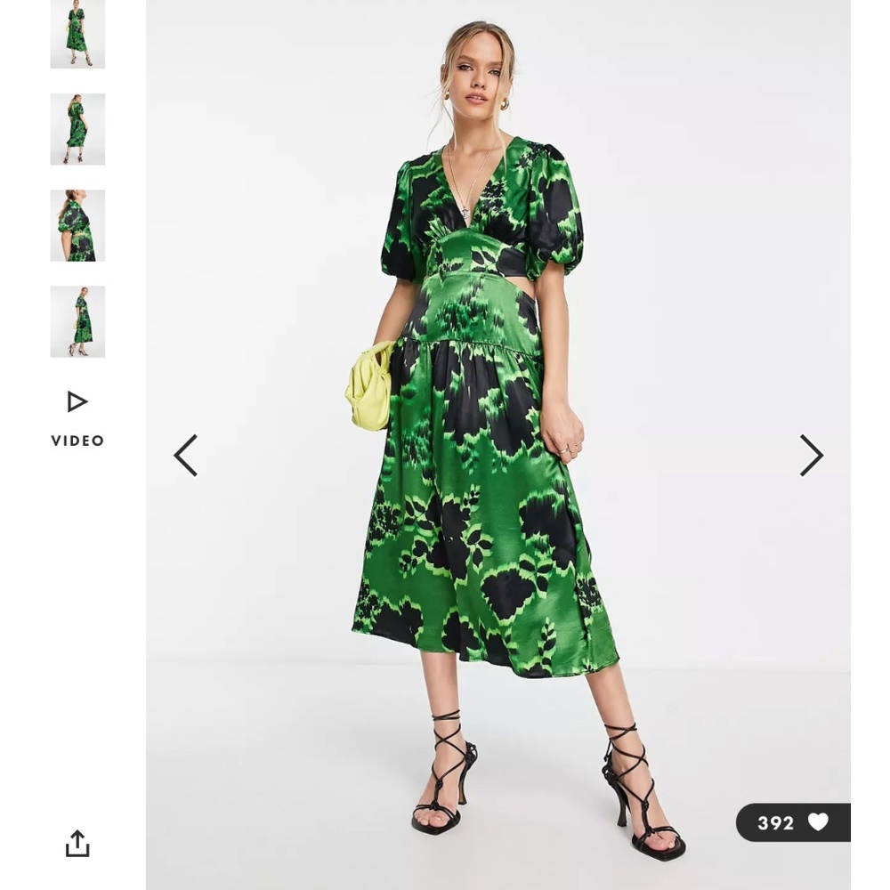 Topshop: graphic floral cut out waist midi dress in green (NWOT)